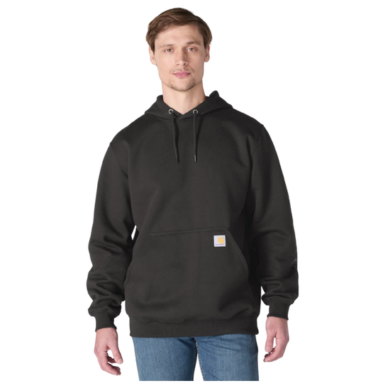 man wearing Carhartt Men's Paxton 1889 Graphic Hoodie - Black on plain white background