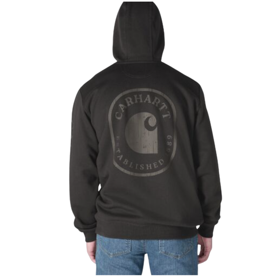 A person shown from the back wearing a black hoodie with a large distressed gray Carhartt logo graphic on the back, paired with blue jeans against a plain white background.
