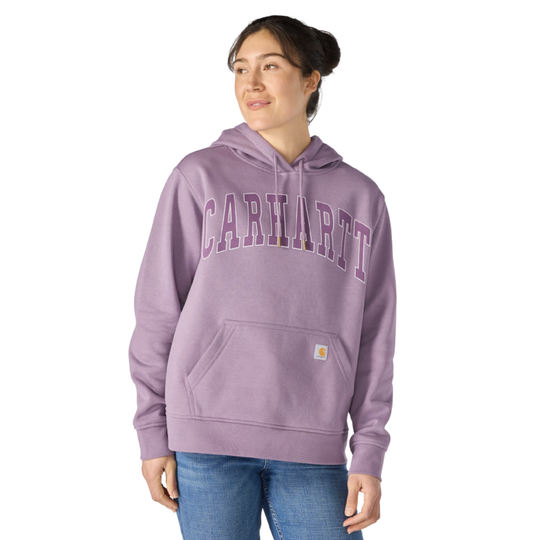 woman wearing Carhartt Women's Marquette Varsity Sweatshirt - Wood Violet on plain white background