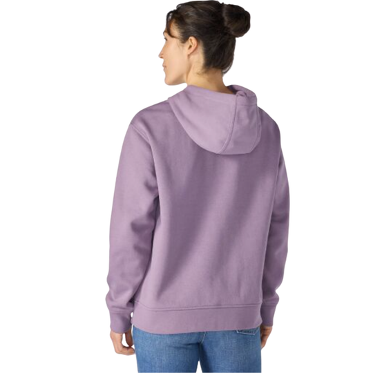 back of woman wearing Carhartt Women's Marquette Varsity Sweatshirt - Wood Violet on plain white background