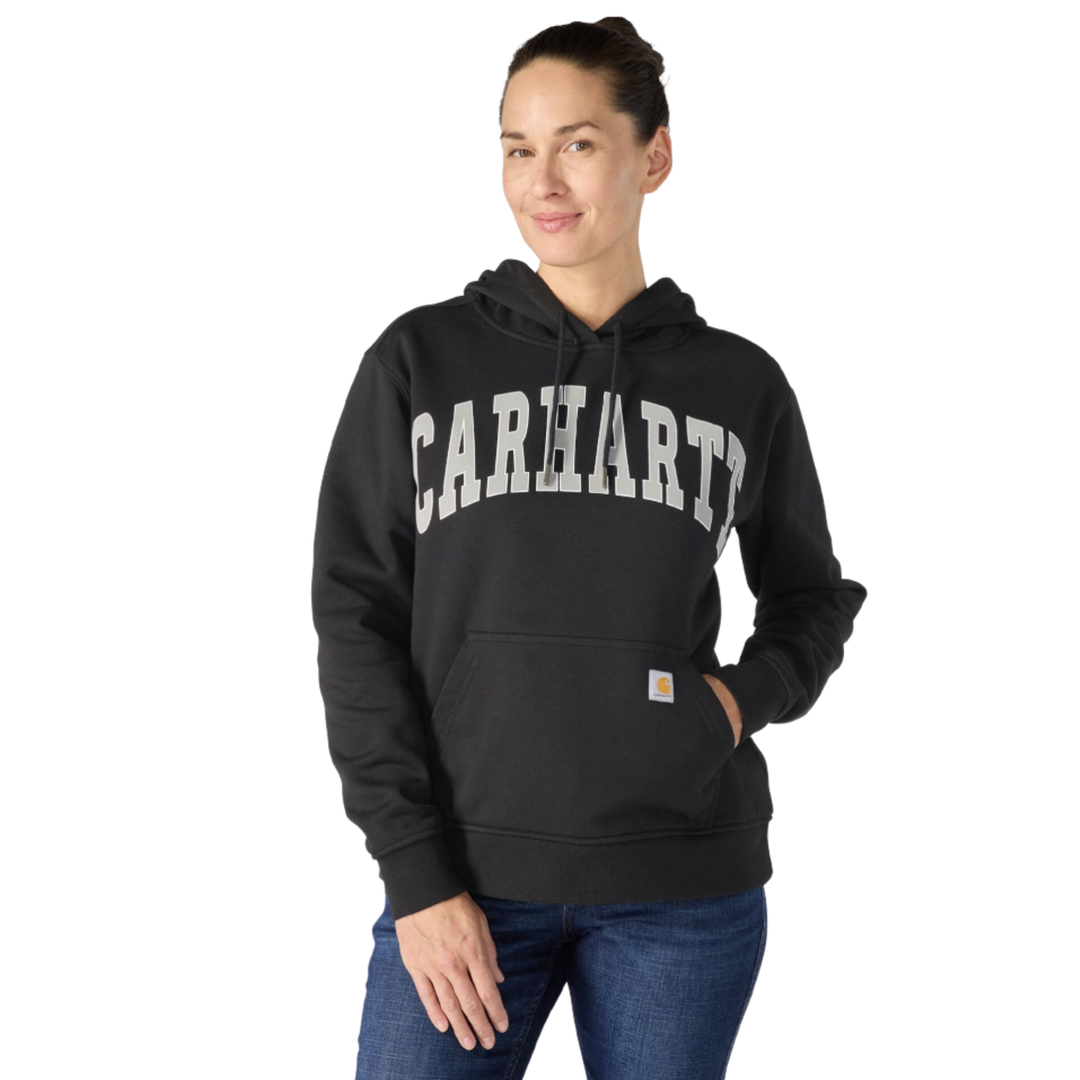 Woman wearing Carhartt Women's Marquette Varsity Sweatshirt - Black on a plain white background