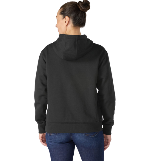 A woman viewed from the back wearing a plain black pullover hoodie and blue jeans against a clean white background.