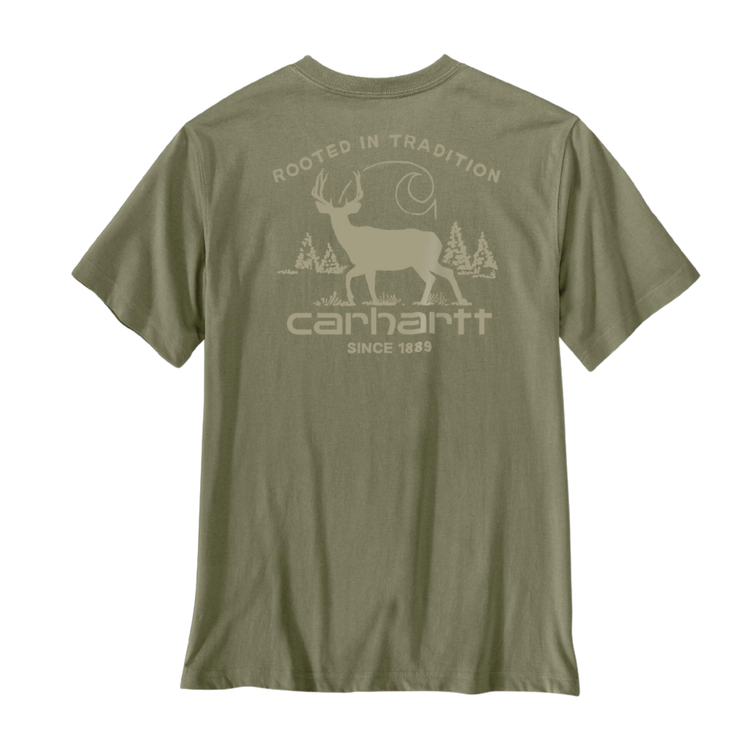 Back of the graphic design. An olive green short-sleeve crewneck t-shirt. shown against a plain white background.
