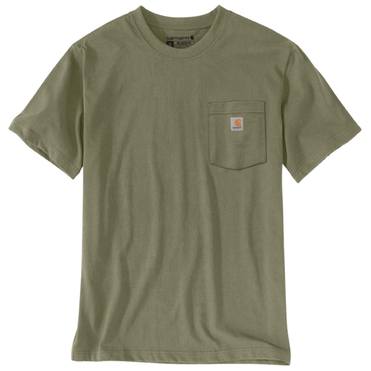 An olive green short-sleeve crewneck t-shirt with a left chest pocket featuring a small Carhartt logo patch, shown against a plain white background.