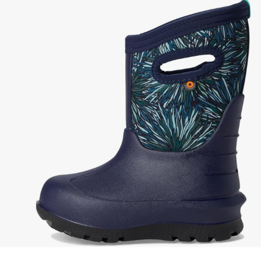 A single navy blue children's rain boot with a firework print in shades of blue, teal, and white on the upper shaft, featuring a side cutout handle and a black tread