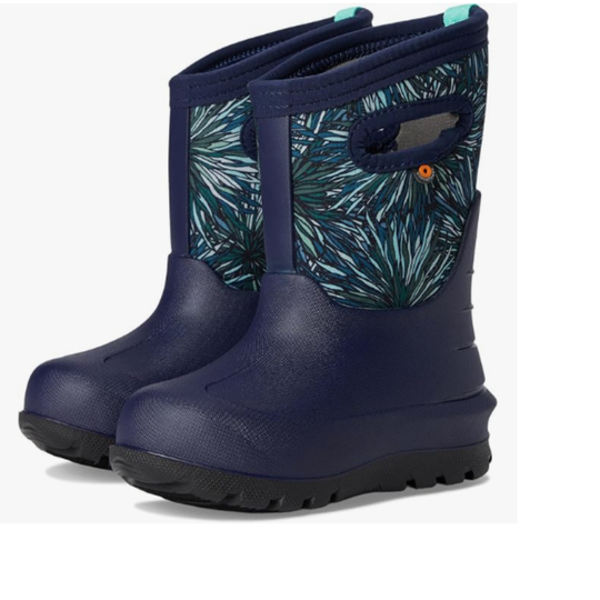 A pair of navy blue kids' rain boots with a firework pattern on the upper shaft and a black sole, shown against a plain white background.