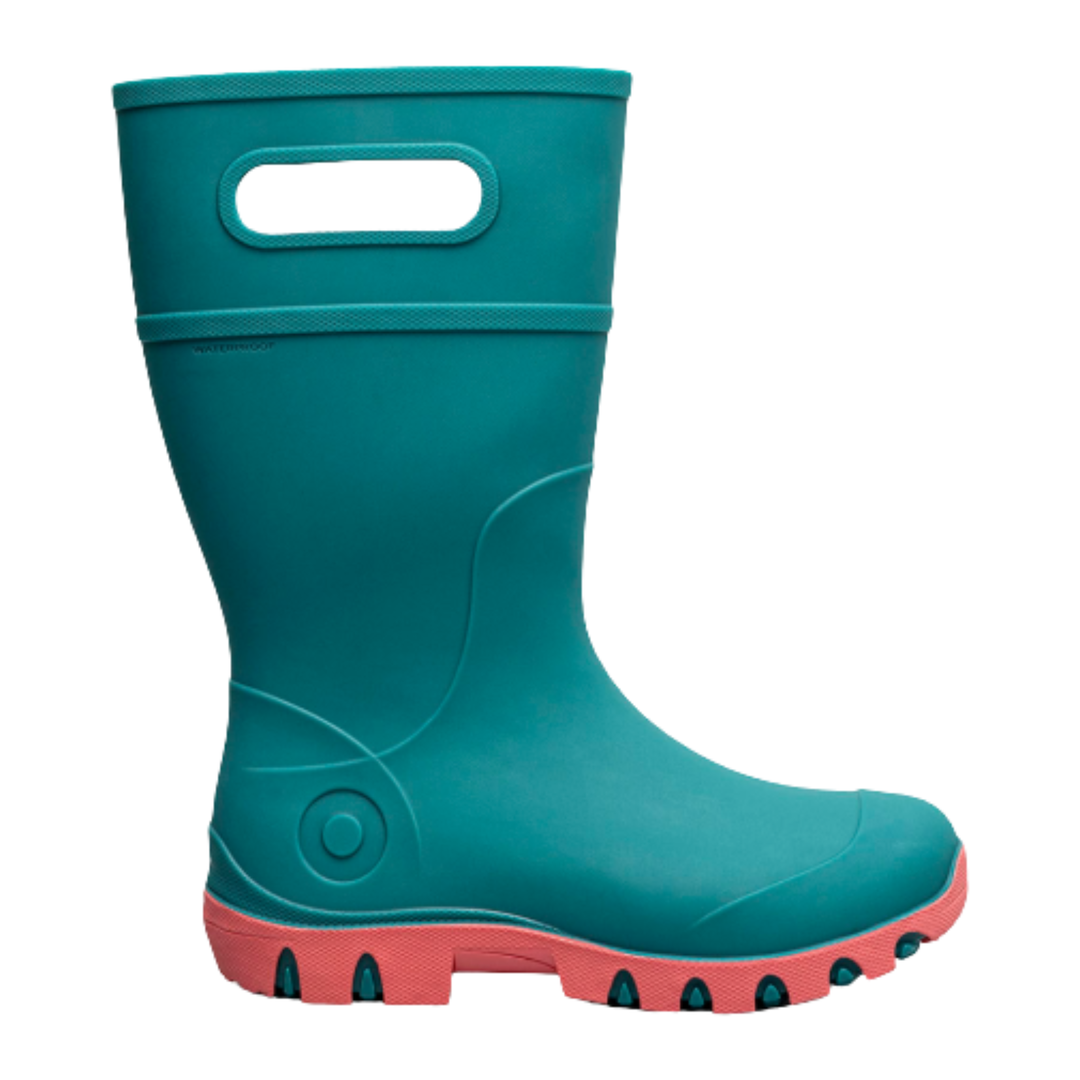 A single mid-calf rubber rain boot in teal with a pink sole, shown from a front-facing perspective on a solid white background.