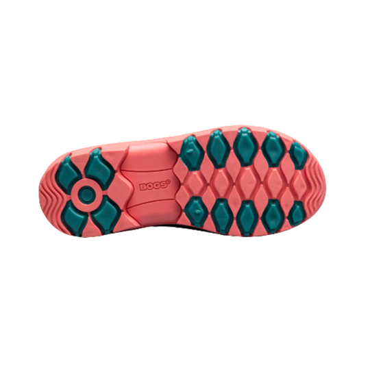 The outsole of a shoe in coral pink and teal, featuring a pattern of hexagonal and diamond-shaped tread blocks, with the brand name BOOS visible in the center.