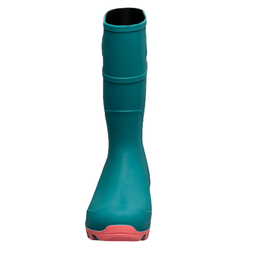 A single mid-calf rubber rain boot in teal with a pink sole, shown from a front-facing perspective on a solid white background.