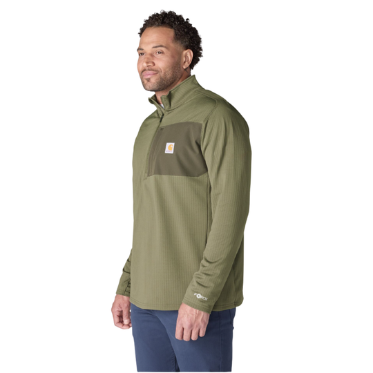 Side of Man wearing Carhartt Men's Force Relaxed Fit Mock Neck Half Zip Fleece Lined Shirt - Dusty Olive on a plain white background