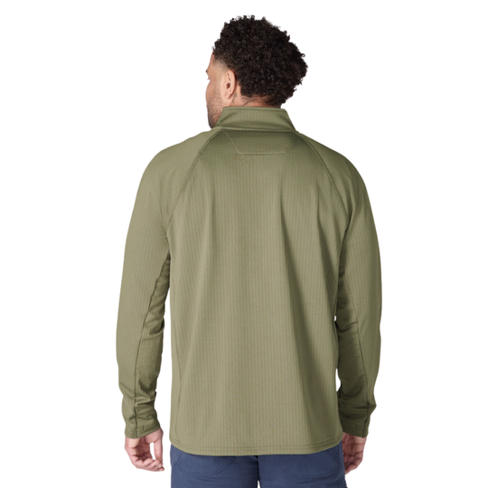 Back of Man wearing Carhartt Men's Force Relaxed Fit Mock Neck Half Zip Fleece Lined Shirt - Dusty Olive on a plain white background