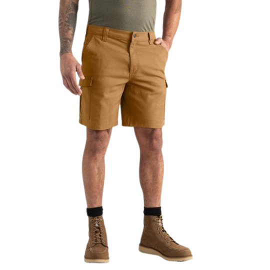 man wearing Carhartt Men's 9 Inch Relaxed Fit Canvas Cargo Short - Carhartt Brown on a plain white background