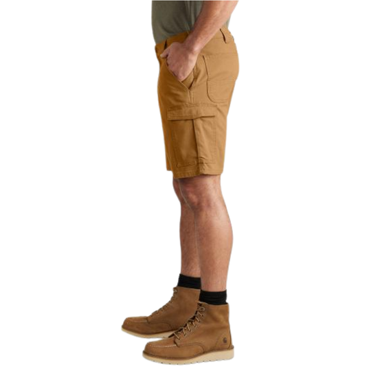Side profile of a person wearing tan cargo shorts, black socks, and tan lace-up boots against a plain white background.