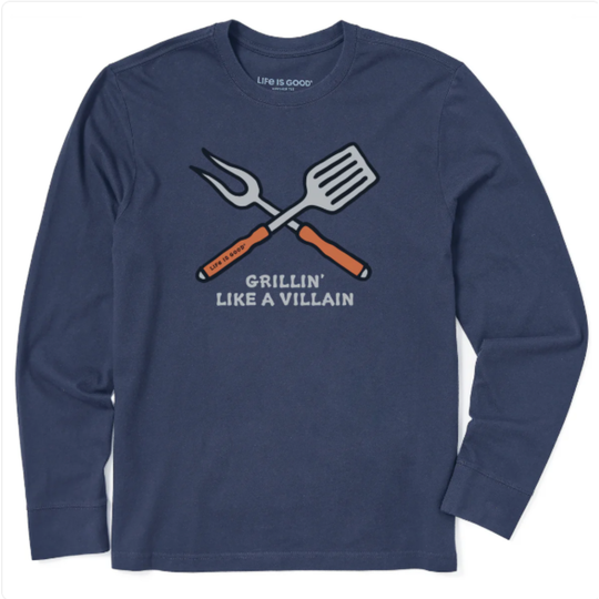Long Sleeve Navy Tee with grilling tool picture on white background