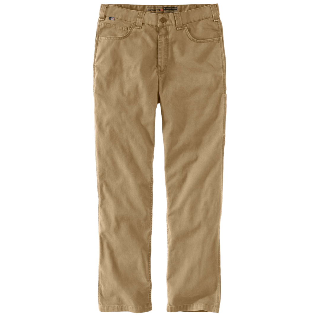 A pair of men's straight-leg chinos in a tan color, shown flat against a solid white background.