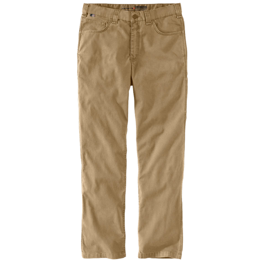 A pair of men's straight-leg chinos in a tan color, shown flat against a solid white background.