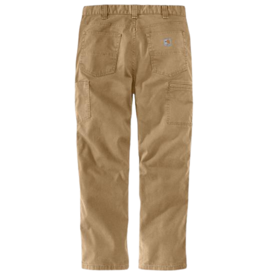 A pair of tan work pants shown from the back, featuring a button waist, belt loops, two large back patch pockets, and a small Carhartt logo on the upper right back pocket, set against a plain white background.