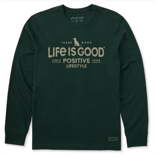 Dark green long-sleeve shirt with Positive Lifestyle text on a white background