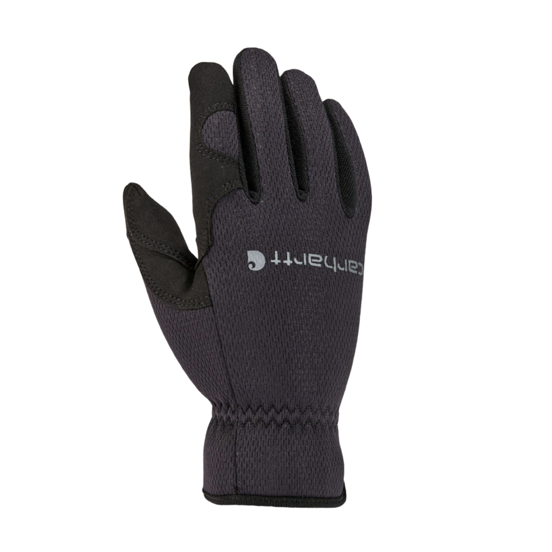 A single Carhartt insulated glove in black and dark gray, showing the back of the hand with textured knit fabric and a white Carhartt logo on the back of the wrist.