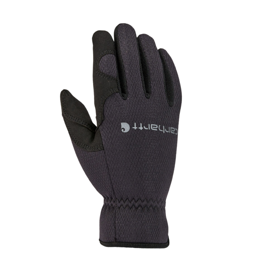 A single Carhartt insulated glove in black and dark gray, showing the back of the hand with textured knit fabric and a white Carhartt logo on the back of the wrist.