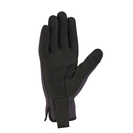 A single black outdoor glove shown flat against a solid white background, displaying the back of the hand and the textured palm side.
