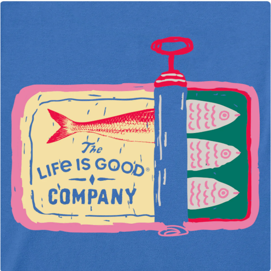 Sardine can with Life is good on it on a blue background