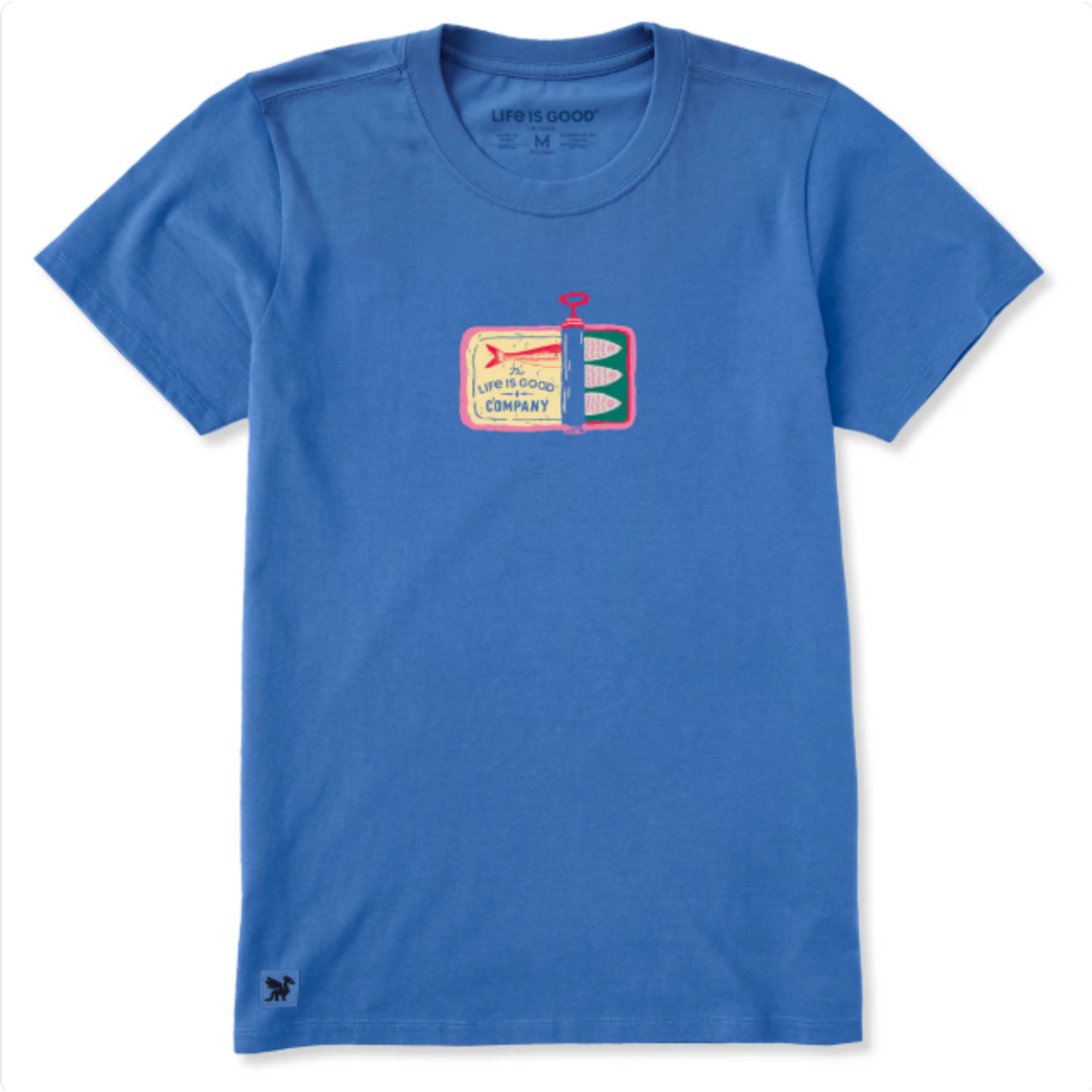 A blue short-sleeve crewneck t-shirt featuring a retro-style chest graphic of a sardine can with the words 'Life is Good'. The brand 'Life is Good' is also visible printed inside the collar.