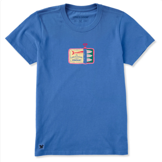 A blue short-sleeve crewneck t-shirt featuring a retro-style chest graphic of a sardine can with the words 'Life is Good'. The brand 'Life is Good' is also visible printed inside the collar.