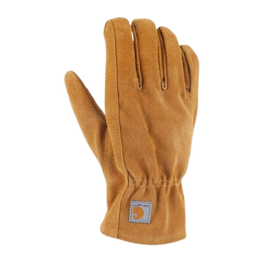 A single Carhartt work glove in a warm tan or camel leather color, shown from the back on a plain white background.