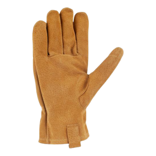 A single tan leather work glove shown flat against a plain white background.