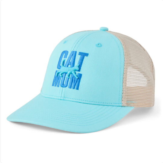 A light blue trucker hat with beige mesh back panels and a blue embroidered 'CAT MOM' design on the front, shown on a white background.