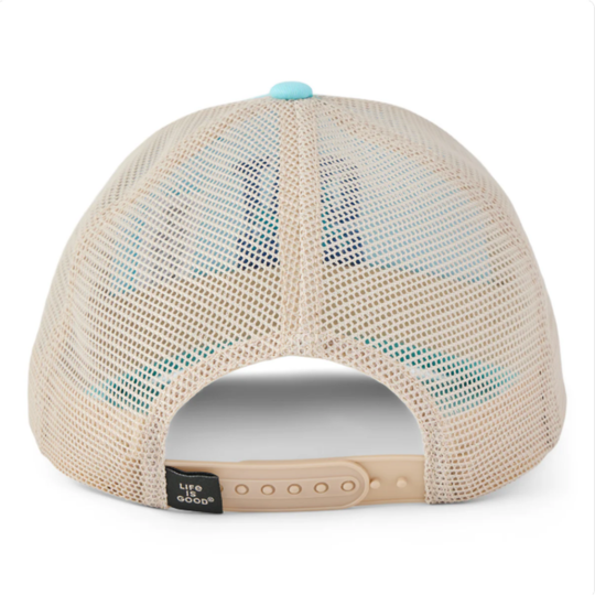 Beige mesh cap with a brand logo on a white background