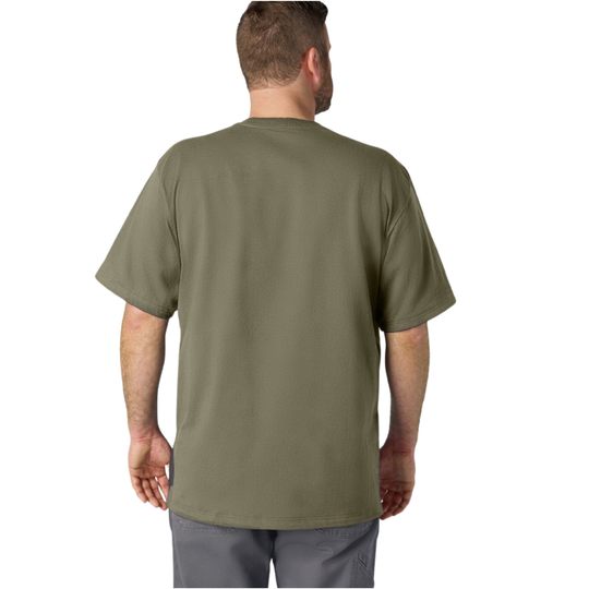 Back of A man wearing a short-sleeve crewneck pocket t-shirt in olive green. paired with gray pants, against a plain white background.
