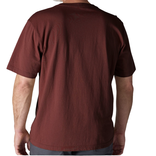 A man wearing a short-sleeve crewneck t-shirt in a solid dark reddish-brown color, viewed from the back against a plain white background.
