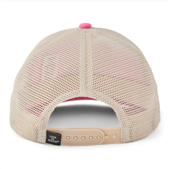 Back view of a beige mesh snapback cap with a pink button on top and a beige adjustable strap, featuring a small black 'Life is Good' brand tag.