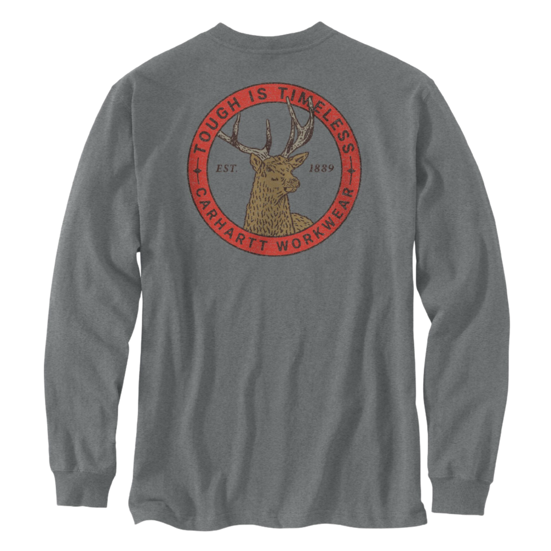 A heather gray long-sleeve t-shirt shown from the back, featuring a large circular red and brown graphic of a deer head with the text 'TOUGH IS TIMELESS' and 'CARHARTT WORKWEAR'.
