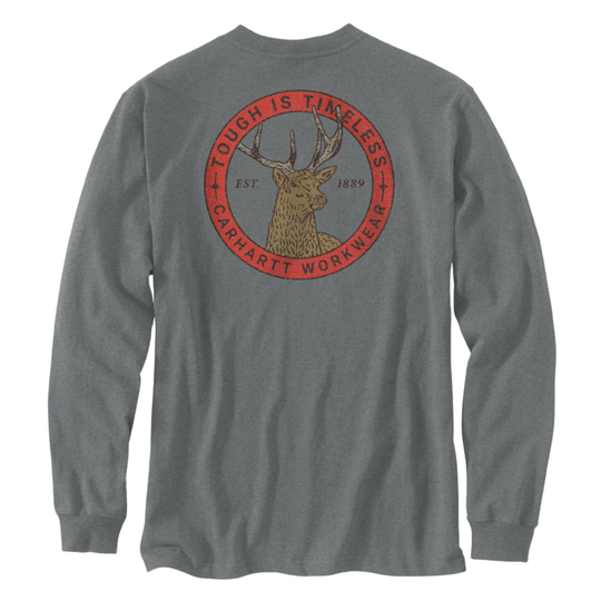 A heather gray long-sleeve t-shirt shown from the back, featuring a large circular red and brown graphic of a deer head with the text 'TOUGH IS TIMELESS' and 'CARHARTT WORKWEAR'.
