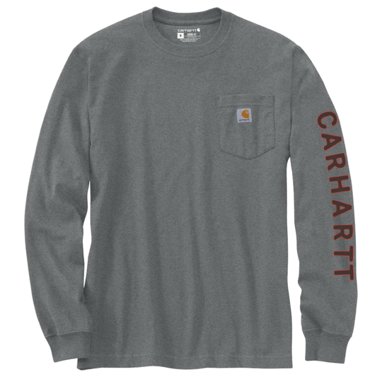 A heather gray long-sleeve pocket t-shirt by Carhartt, featuring a small Carhartt logo patch on the left chest pocket and 'CARHARTT' printed vertically in dark red on the right sleeve.