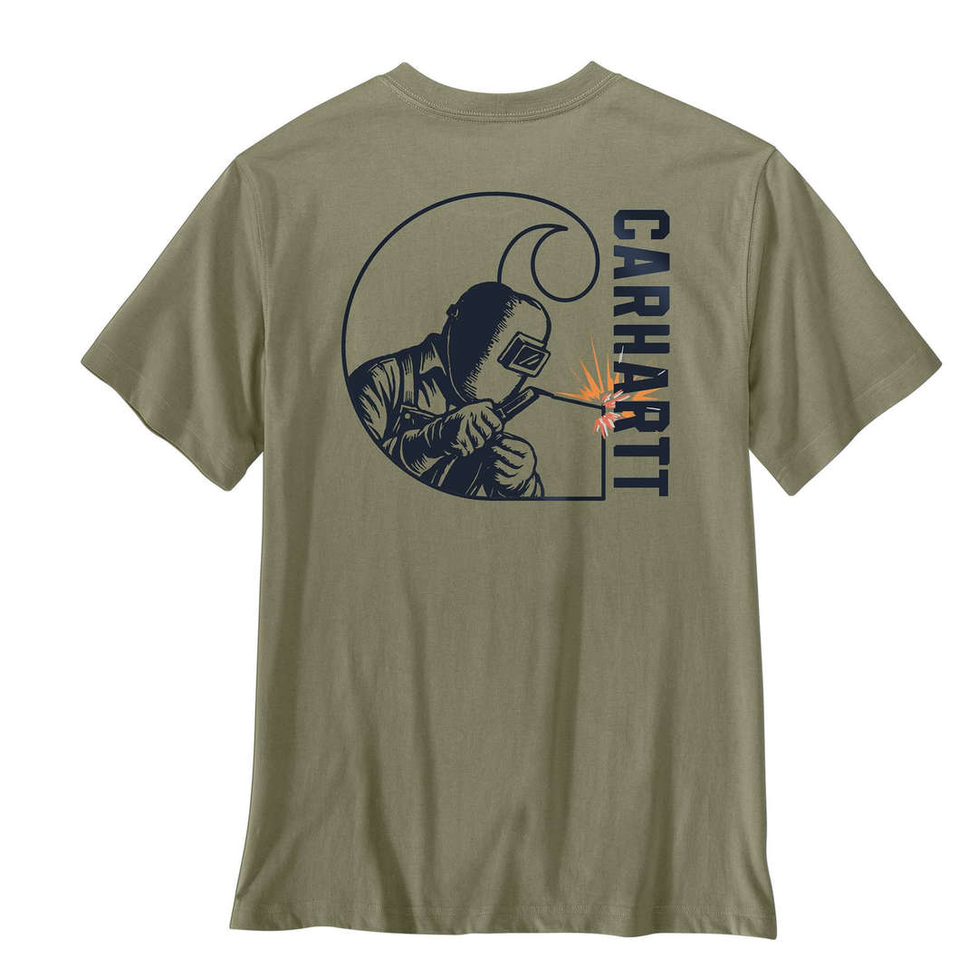 An olive green short-sleeve t-shirt shown from the back, featuring a dark navy graphic of a welder with sparks and the word 'CARHART' printed vertically.