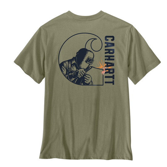 An olive green short-sleeve t-shirt shown from the back, featuring a dark navy graphic of a welder with sparks and the word 'CARHART' printed vertically.