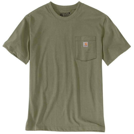 An olive green short-sleeve crewneck t-shirt with a single chest pocket on the left side, featuring the Carhartt logo patch on the pocket, shown against a plain white background.