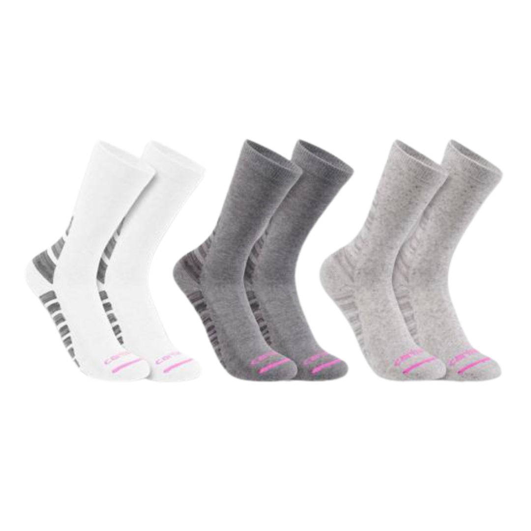 Three pairs of crew socks displayed side by side on a plain white background. The left pair is white with dark gray heel and toe stripes, the middle pair is dark gray with pink toe accents, and the right pair is light gray with pink toe accents.