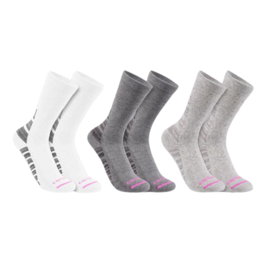 Three pairs of crew socks displayed side by side on a plain white background. The left pair is white with dark gray heel and toe stripes, the middle pair is dark gray with pink toe accents, and the right pair is light gray with pink toe accents.