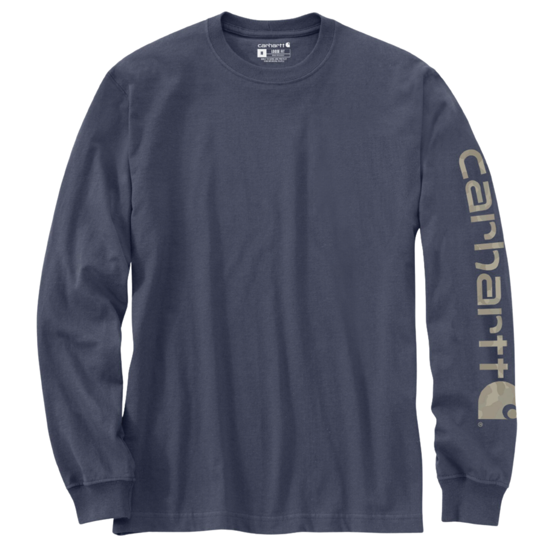 Carhartt Men's Loose Fit Heavyweight Long Sleeve Logo Sleeve Graphic T Shirt - Superstorm on a plain white background