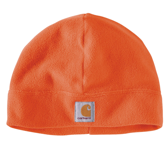 An orange fleece beanie hat with a small Carhartt brand patch on the front, set against a plain white background.