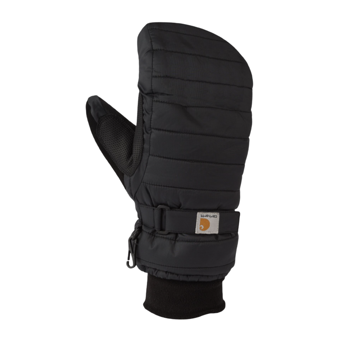 A single black insulated winter mitten with a wrist strap and a small Carhartt logo patch, shown on a plain white background.