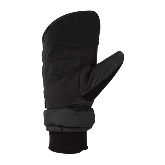A single black winter mitten shown from the side against a plain white background.