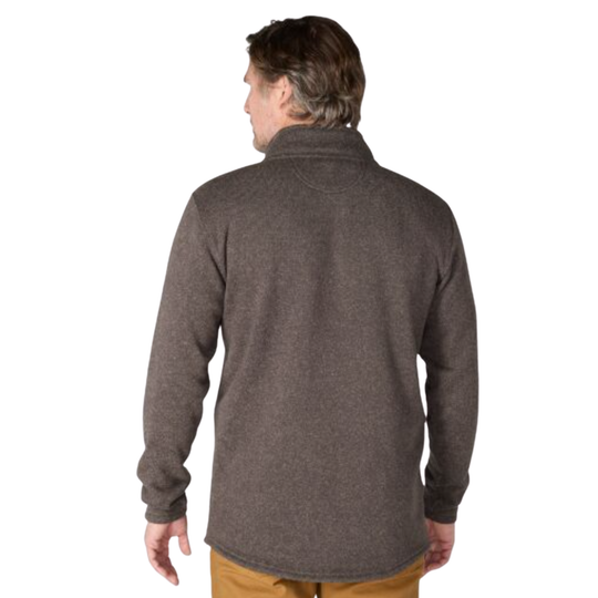 A man viewed from the back wearing a dark brown heathered quarter-zip fleece pullover sweater and tan pants, set against a plain white background.