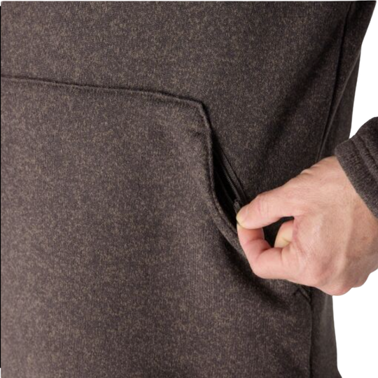 Close-up of a dark brown heathered fleece or knit top with a hand reaching into a side pocket, on a white background.