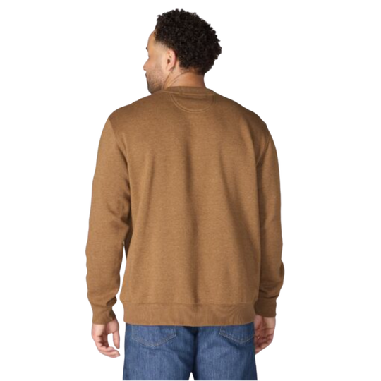 A man viewed from the back wearing a brown crewneck sweatshirt and blue jeans against a plain white background.